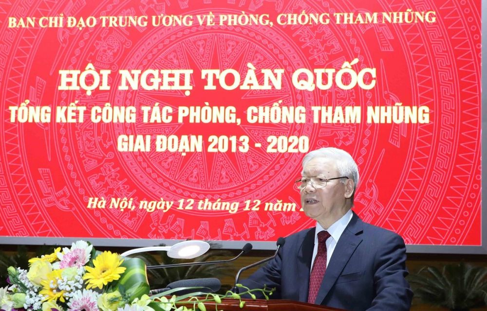 Tổng Bí thư, Chủ tịch nước Nguyễn Phú Trọng, Trưởng Ban Chỉ đạo Trung ương về phòng, chống tham nhũng phát biểu kết luận tại Hội nghị toàn quốc tổng kết công tác phòng, chống tham nhũng giai đoạn 2013-2020. (Ảnh: IT)