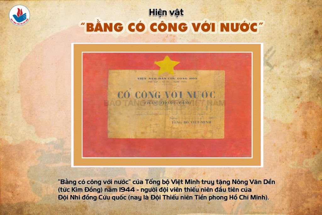 “Bằng có công với nước” của Tổng bộ Việt Minh truy tặng Nông Văn Dền (tức Kim Đồng), 1944